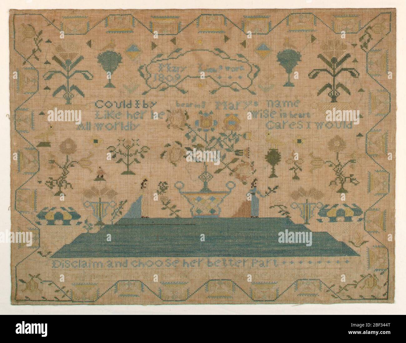 Sampler. Sampler embroidered in blues, greens and yellows on a loosely woven natural linen