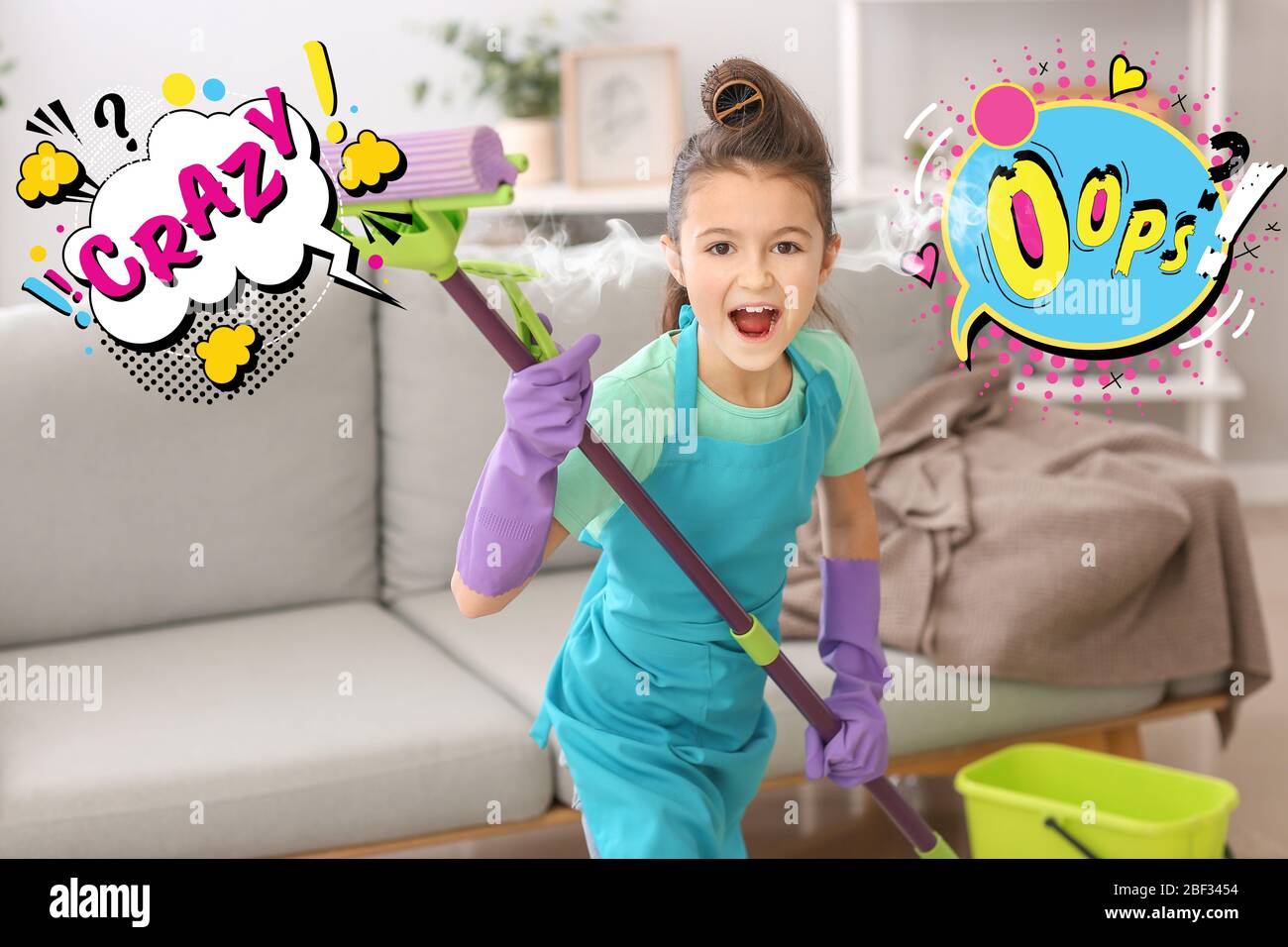 Funny little housewife with steam coming out of ears cleaning floor at home Stock Photo