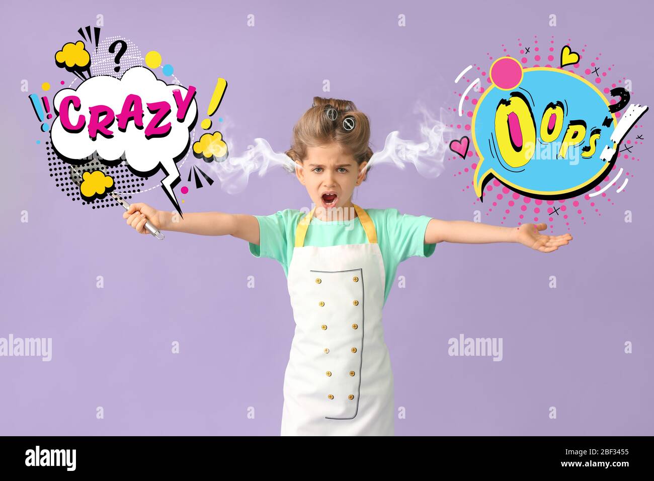 Funny little housewife with steam coming out of ears on color background Stock Photo