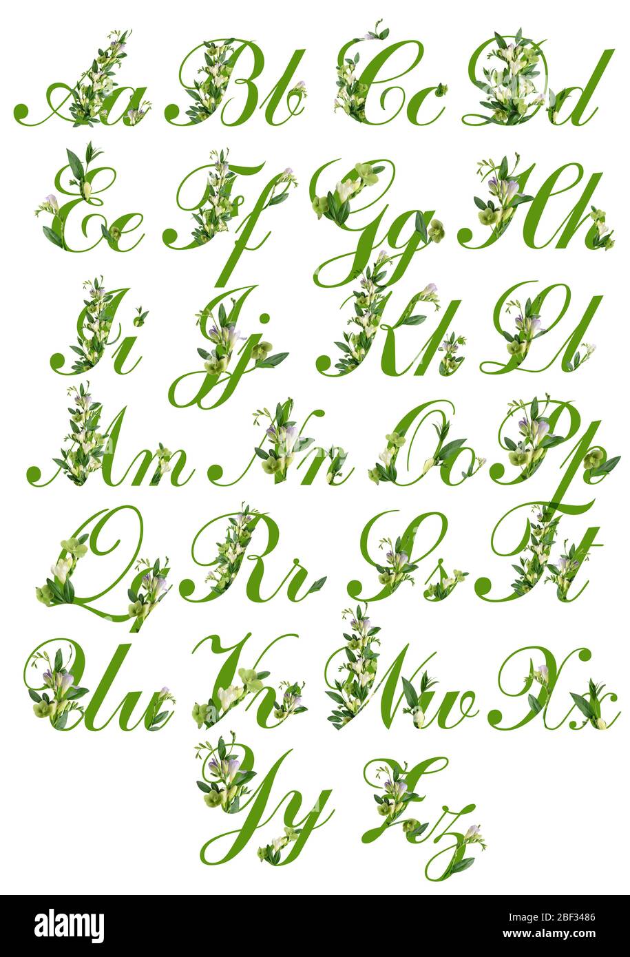 English alphabet letters with beautiful flowers on white background