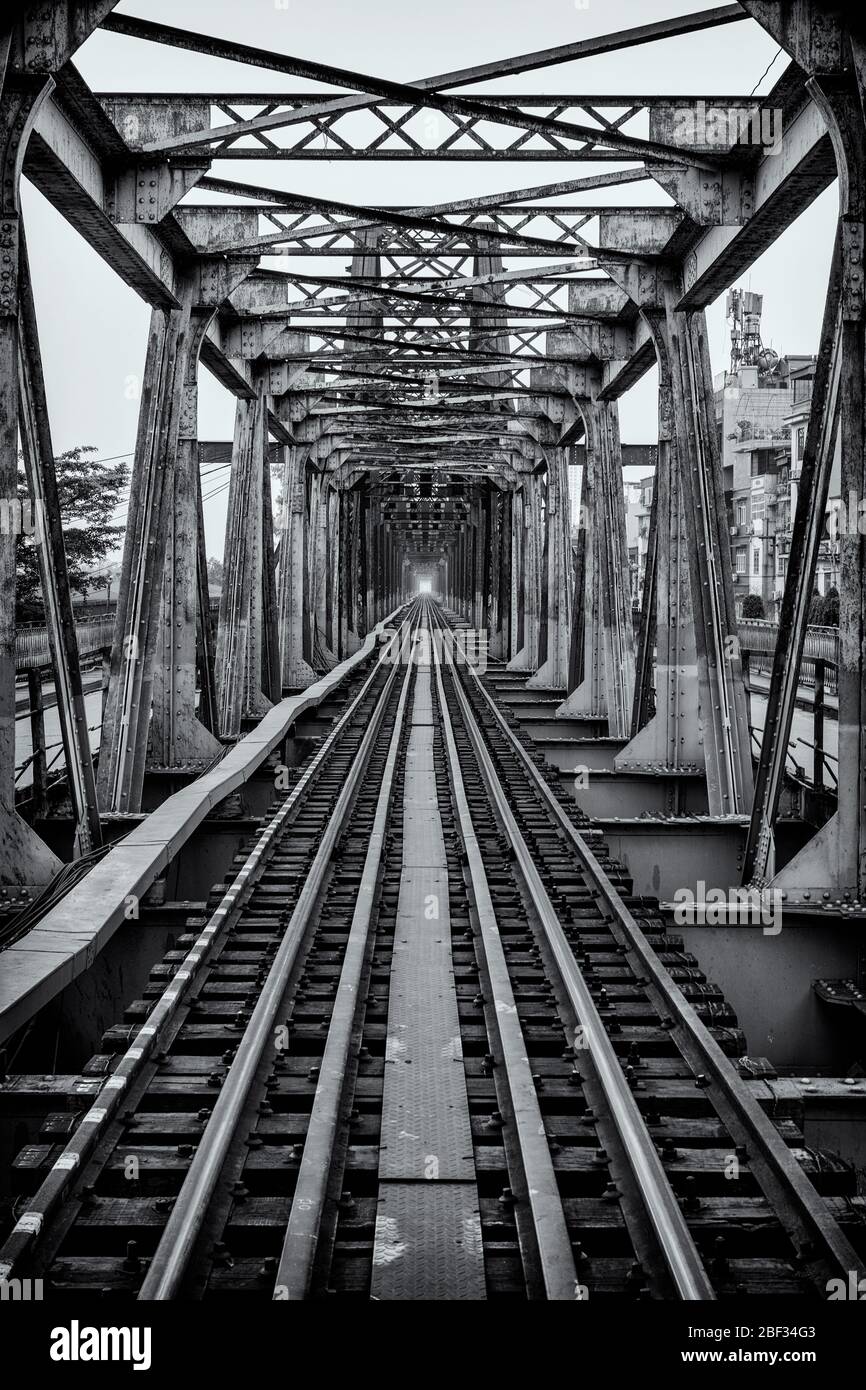 Railroad tracks at Long Bein Bridge in Hanoi, Vietnam Stock Photo