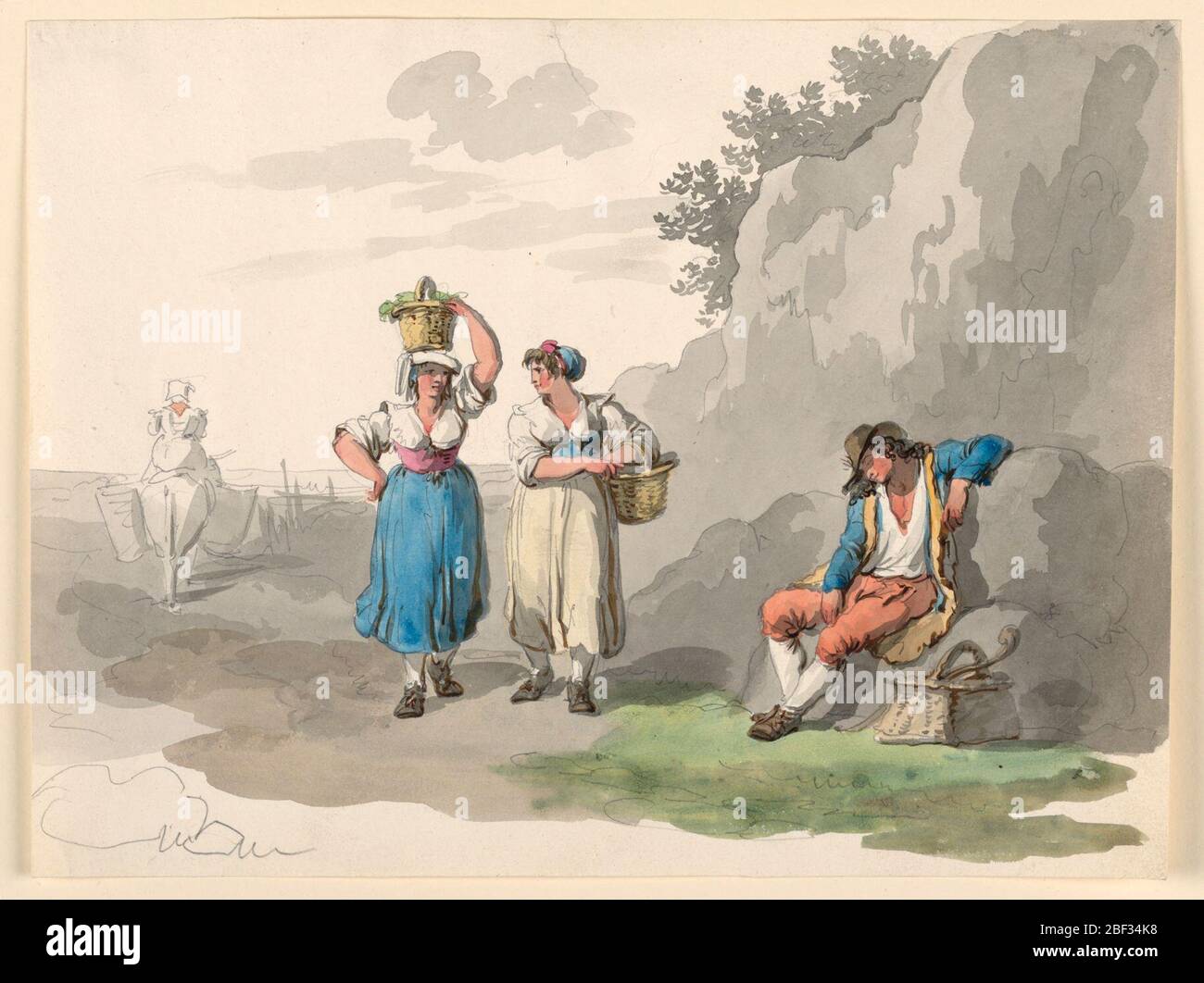 Return From The Vintage. A pair of girls with baskets pass a boy who sleeps in a seated position, on the rocks. A woman on a donkey rides backward, at left. Stock Photo