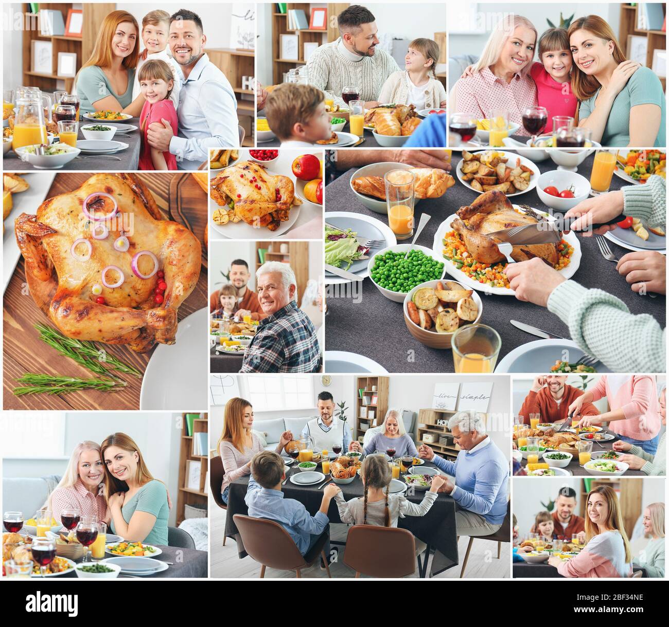 Collage of photos with family celebrating Thanksgiving Day at home Stock Photo