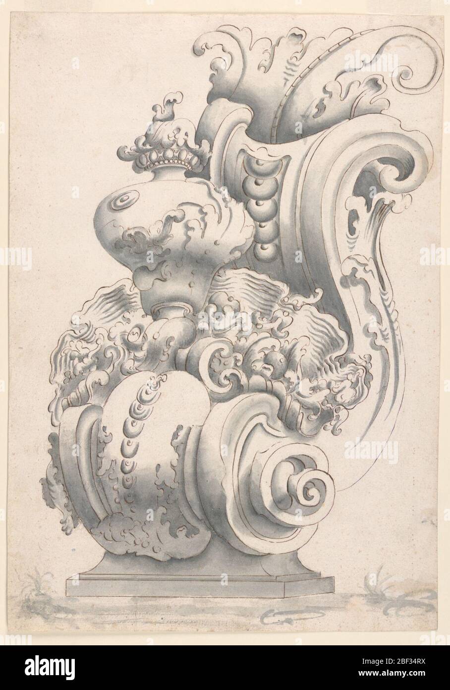 Design for a Bracket. Vertical format design for a bracket. Scheme is that of a scroll, with a leaf on top of upper volute, and with a vase and shell on top of this lower volute. Verso: squared in graphite. Stock Photo