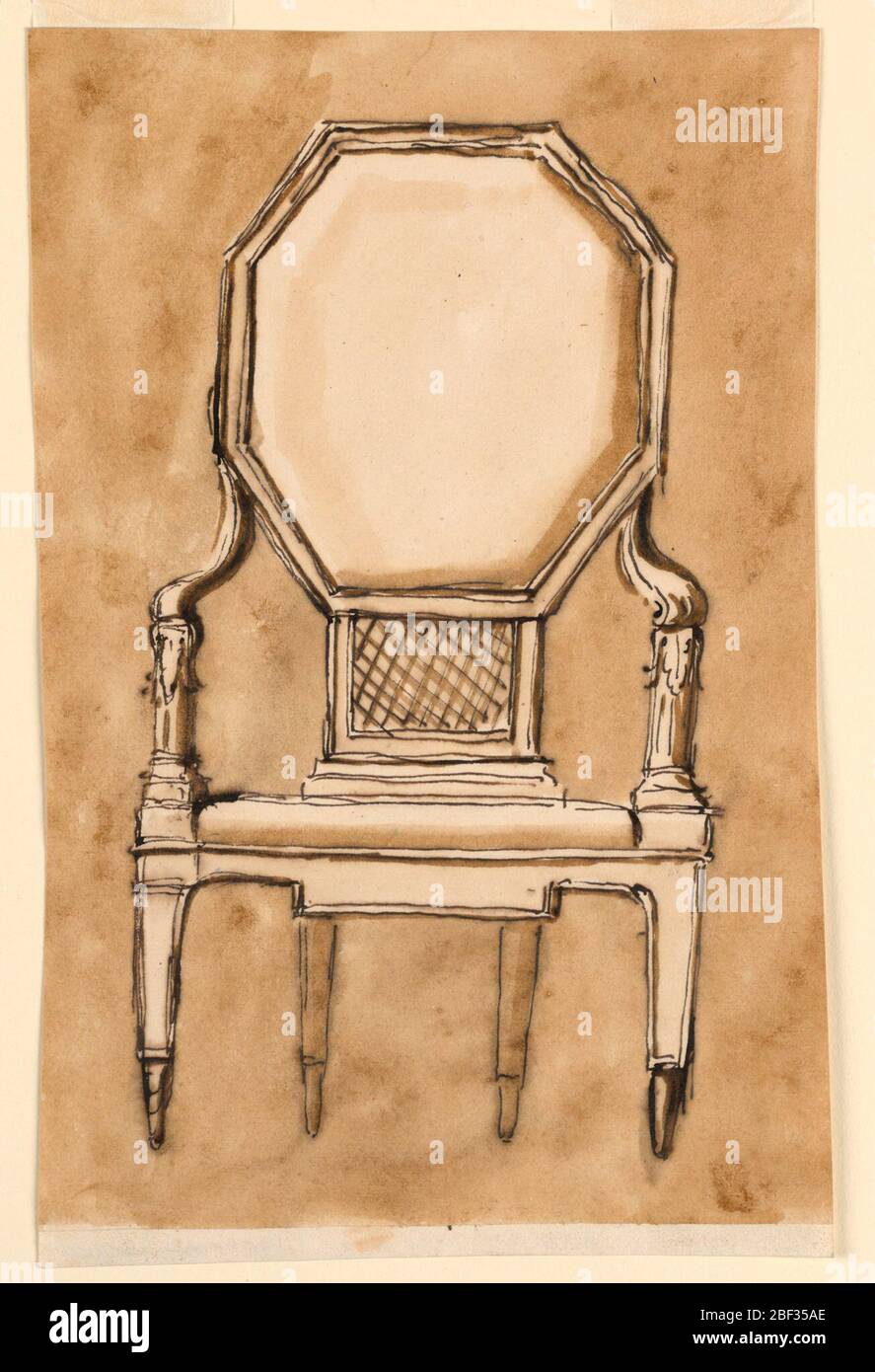 Chair. Frontal view of a chair with a large octagonal back, sloping arms terminating in acanthus leaves where the hands would rest, tapered geometric legs, and caning connecting the back to the seat. Stock Photo