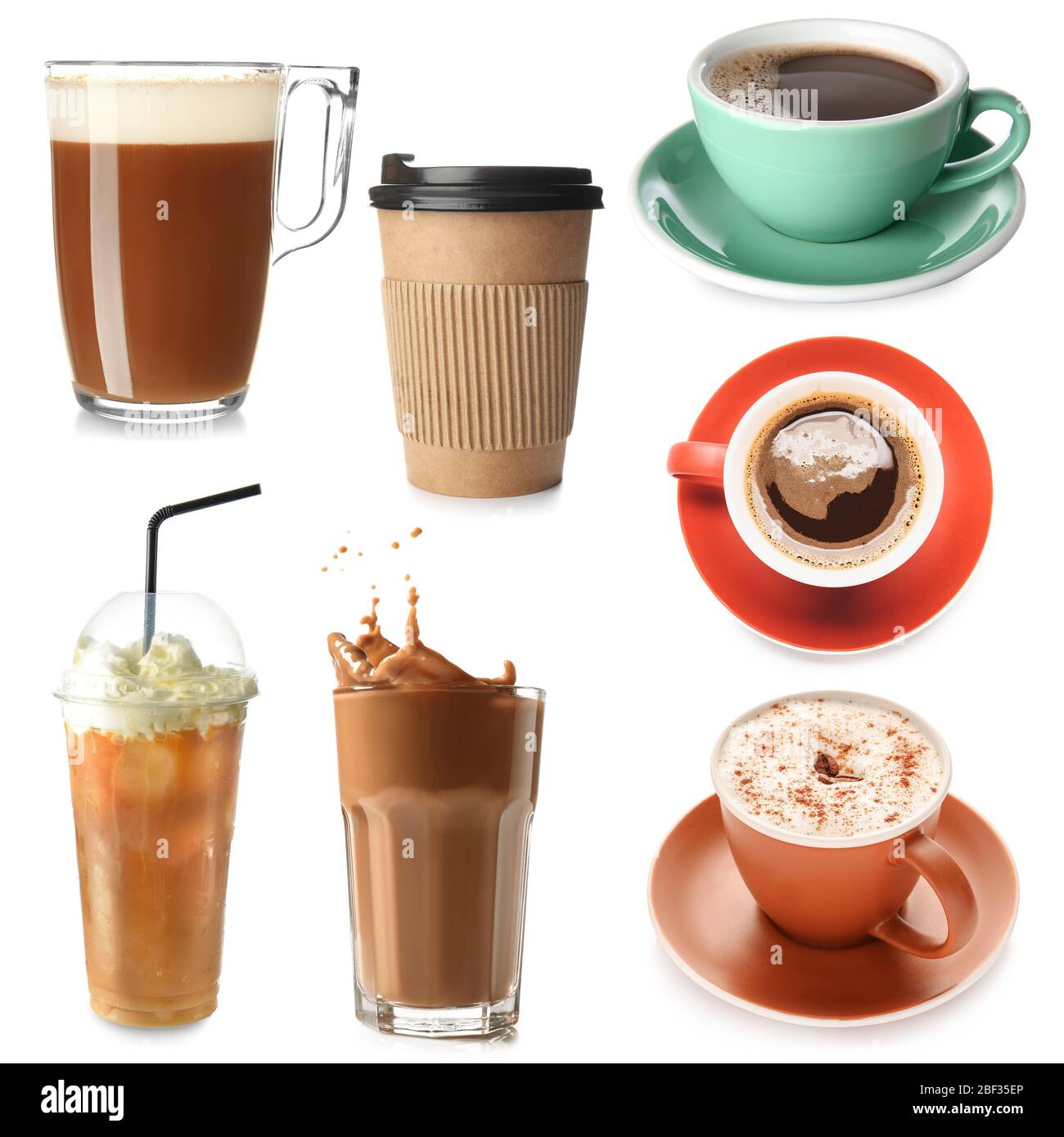 Different kinds of coffee drinks on white background Stock Photo Alamy