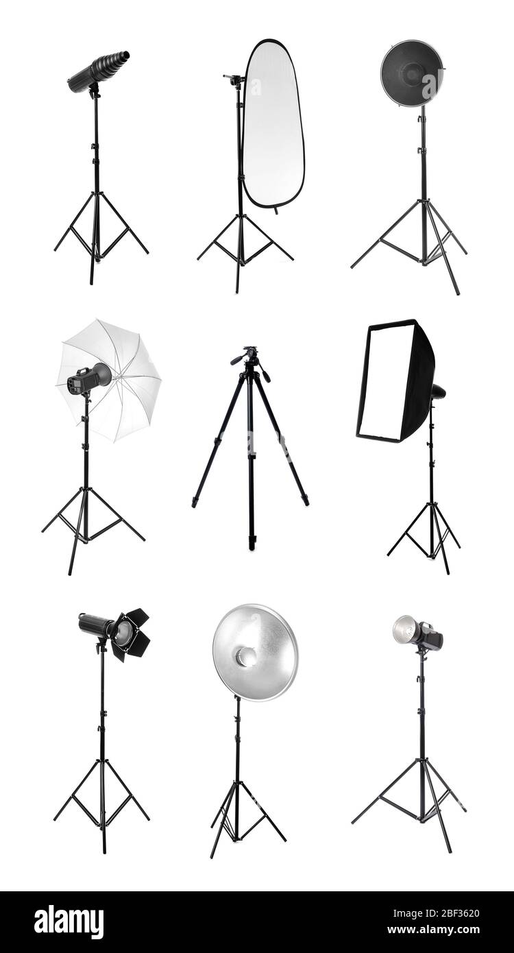 Different professional equipment for photo studio on white background