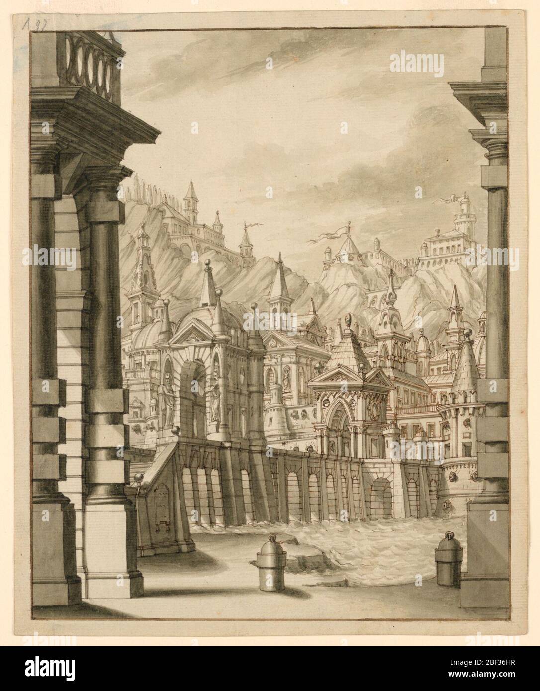 Stage Design Town on Hill with Turreted Buildings. Vertical rectangle ...