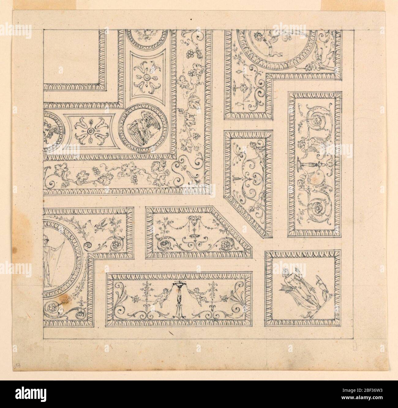 Project for a Ceiling. Portion of a ceiling shown divided into small panels, each with a grotesque. At the corner, a square panel with a classical figure. In the opposite corner, a roundel with an eagle. Stock Photo