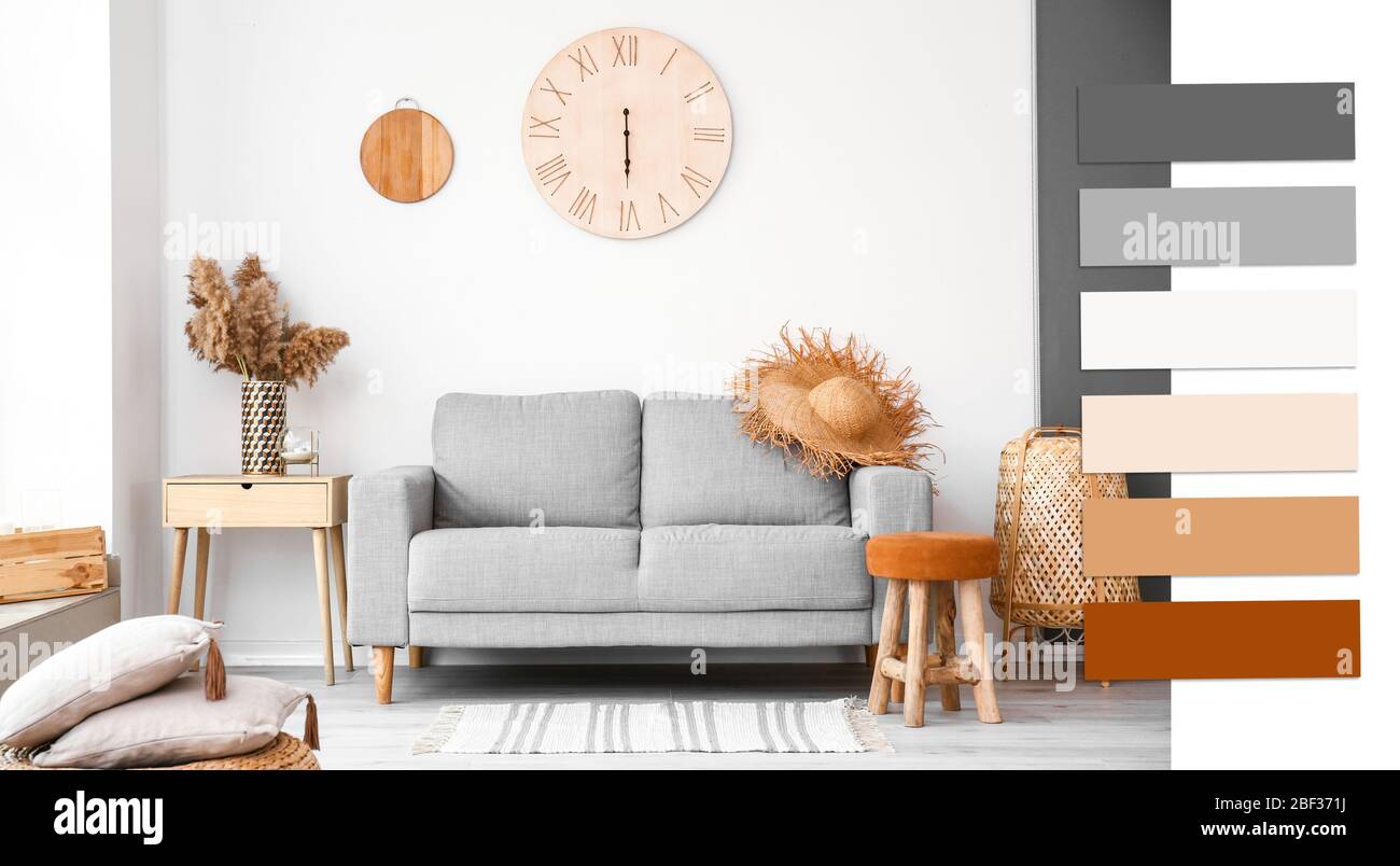 Interior of beautiful modern living room. Different color patterns ...