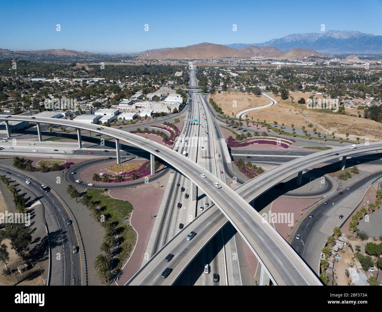 Aerial view above the junction of the 60, 91 and Interstate 215 freeways in Riverside, California Stock Photo