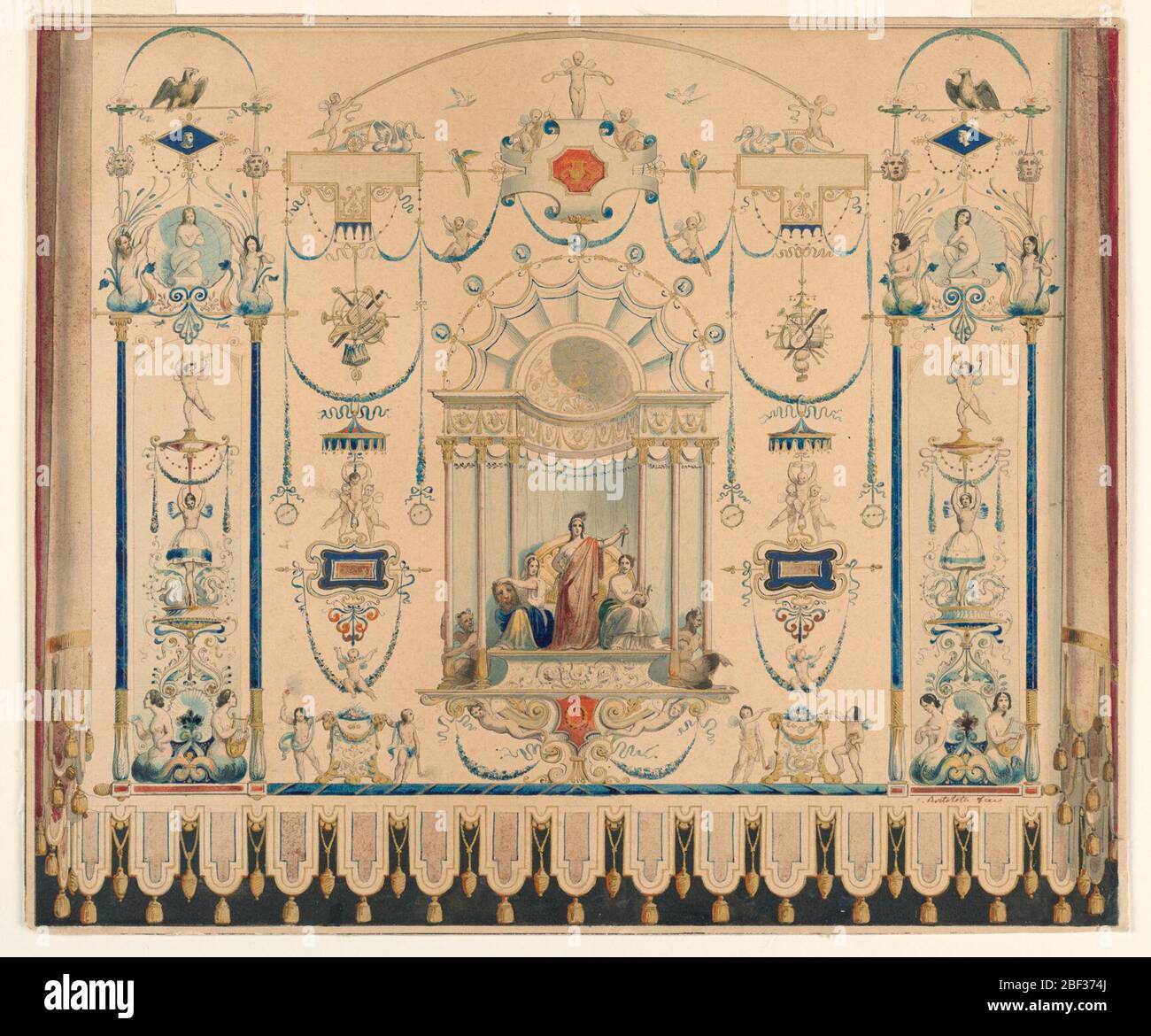 Design for a Theater Curtain. Horizontal format. Designs in the grotesque style. An exedra forms the central motif in which a woman with a dagger, probably 'Tragedy,' stands between two seated women; the left one holds a bloody bearded head, the right one plays a lyre. Stock Photo