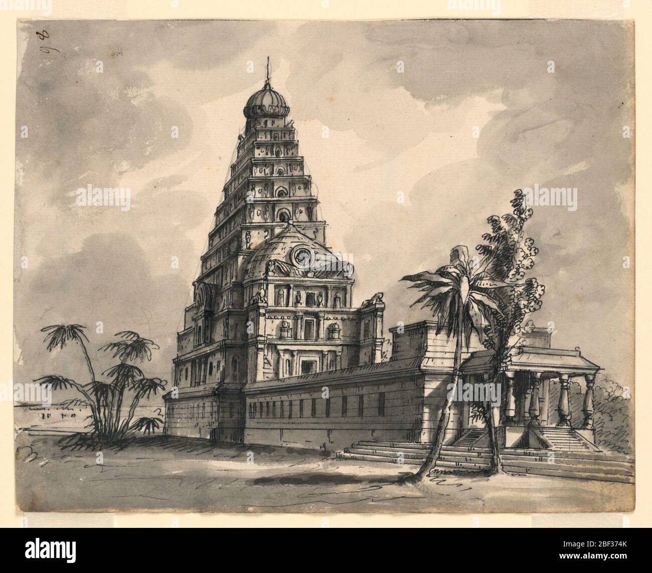 Stage Design View of Indian Temple. Horizontal rectangle. Indian temple in landscape with palm trees. Stock Photo