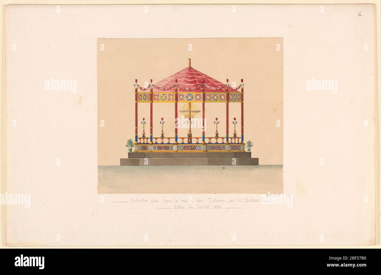 Design for a Music Pavilion in the Tuileries Garden Fountain 1834. Design for an open-air decagonal (ten-sided) music pavilion with red conical roof. Pavilion stands on decagonal base with two levels of steps. The dado and frieze are ornamented with decorative panels (see 1991-17-9/10). Stock Photo