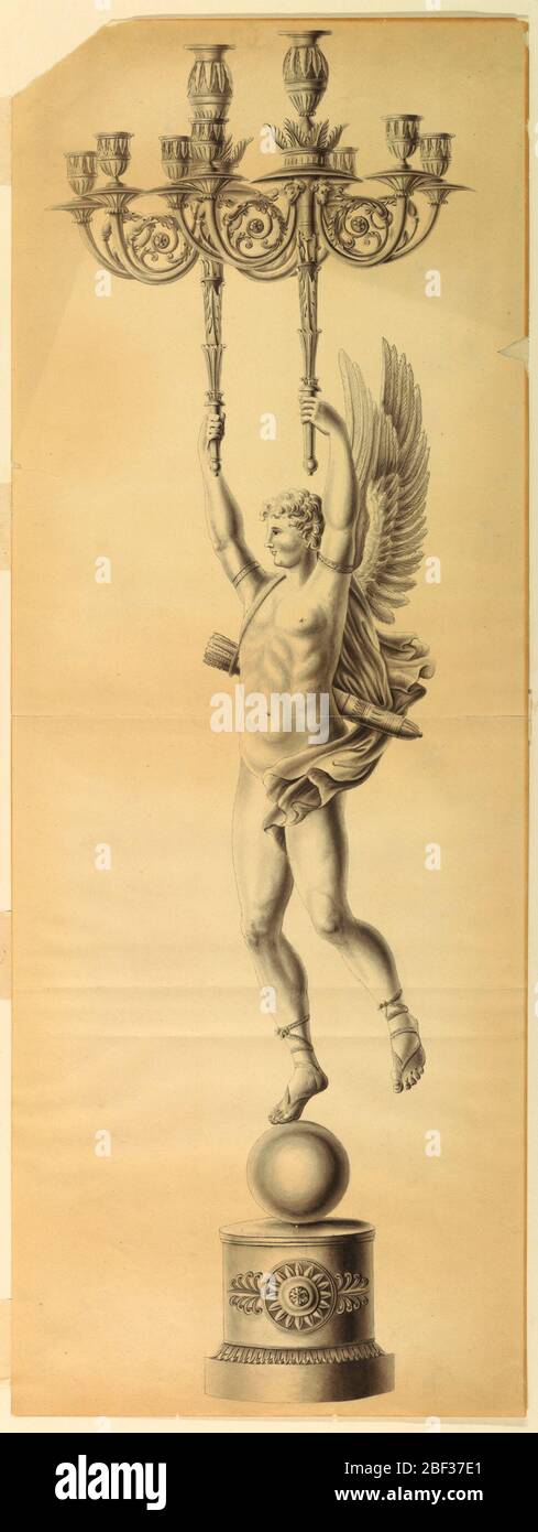Design for a Candelabrum. Cupid with the forepart of his right foot on a sphere, raisese with either hand a torchère with seven sockets. Stock Photo