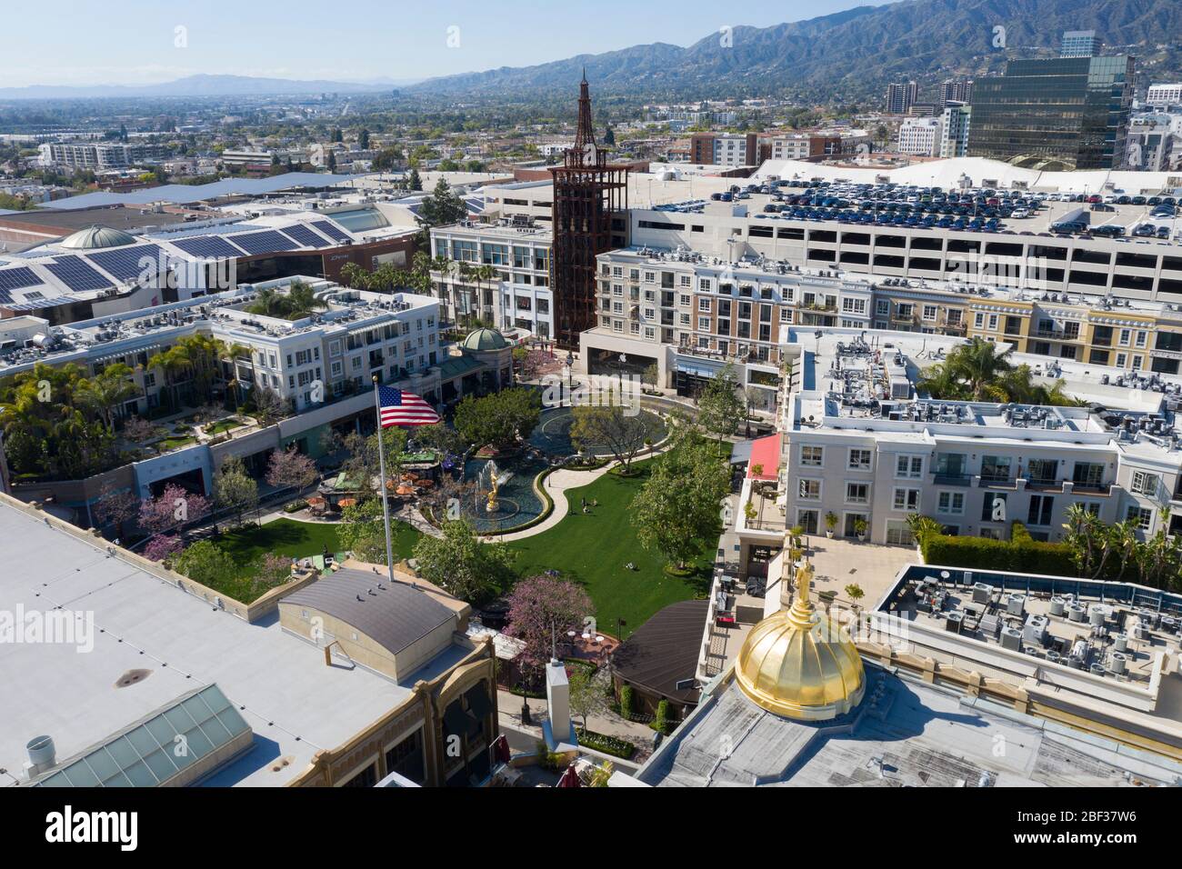 Aerial view above of The Americana on Brand shopping center in downtown Glendale, California