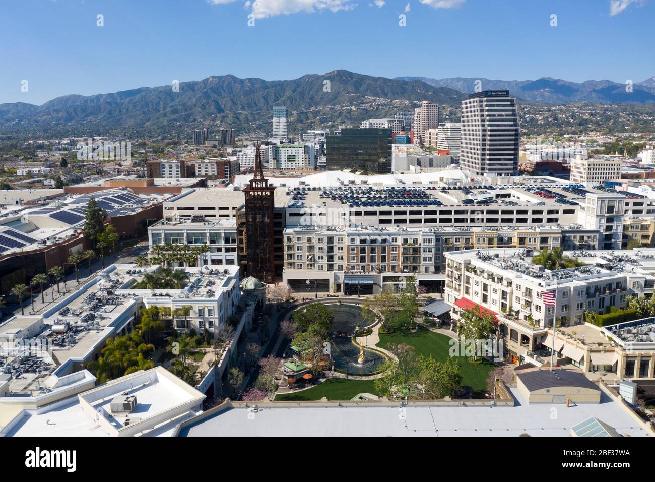 Aerial view above of The Americana on Brand shopping center in downtown