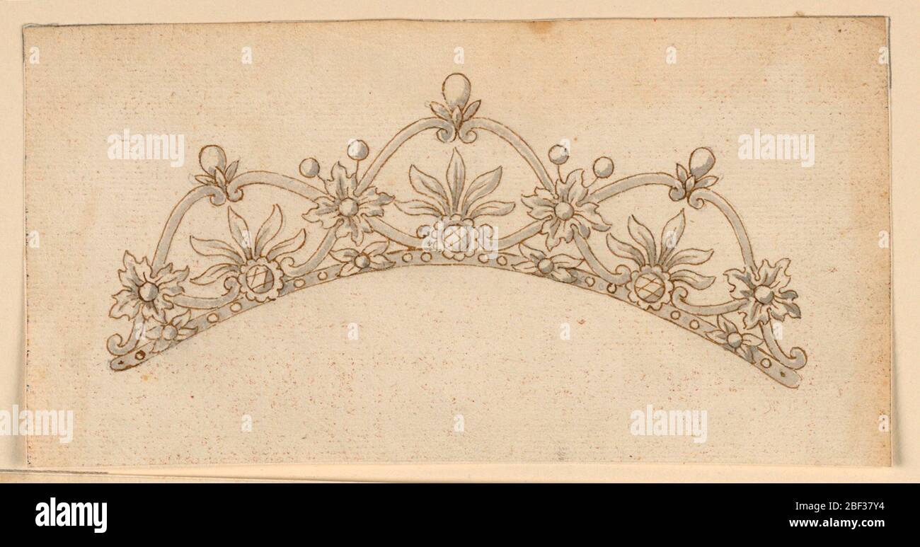 Design for a Coronet. Design for a hair crown. Scrolls from three compartments with five leaves at the bottom of each, disposed as a palmette, springing from a blossom. Upon the cusps, standing pear-like diamonds with a calyx. Upon the crossing points of the scrolls are rosettes. Stock Photo