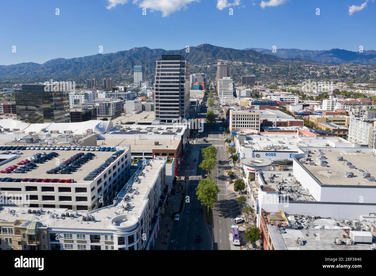 Aerial views looking up Brand Boulevard in downtown Glendale