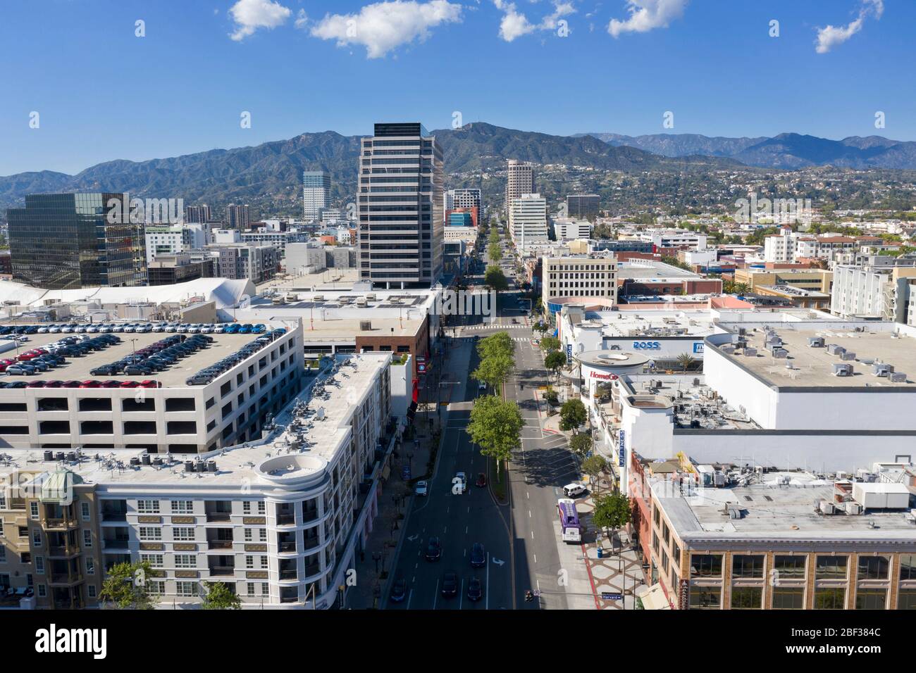 Aerial views looking up Brand Boulevard in downtown Glendale, California Stock Photo