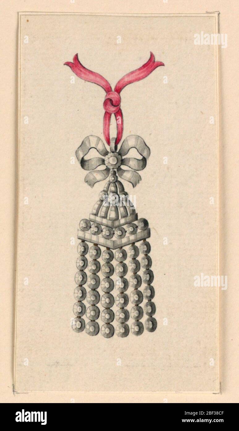 Design for a Pendant. Jewelry design for a pendant. Six rows of disks are hanging from a 'roof' with an entablature. On top a knot, hanging from a red ribbon. Stock Photo