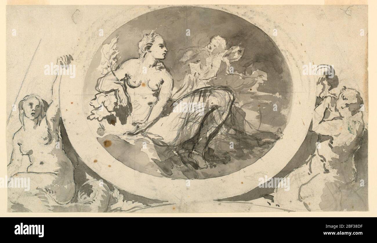 Design for a Wall Monument or Fountain. An oval painting, showing a half reclining girl and a putto, is supported by a mermaid. A merman blowing shell horn, at right. The lateral fiure3s are incompletely shown. Stock Photo