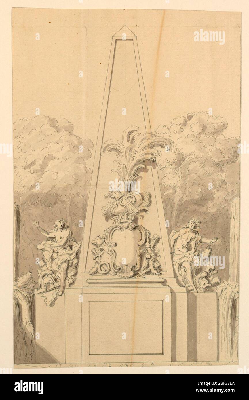 Design for a Monument flanked by Fountains. Allegorical figures with trophies flank an obelisk with relief sculpture of trophies of warfare surrounding a blank escutcheon surmounted by a royal crown. The base of the monument has been left blank for the inscription. Stock Photo