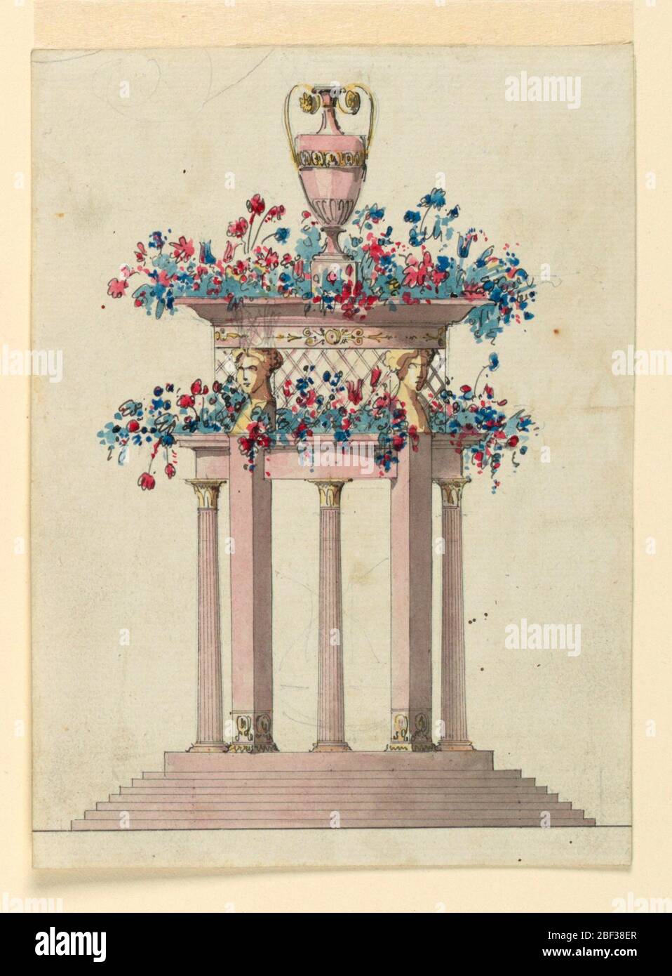 Design for a Flower Stand. Vertical rectangle. A circular base is supported by seven steps. Above rise alternately a column and a female hermae; the first supports the rim of the lower receptacle, the second the upper one, a trellis connecting both. Stock Photo