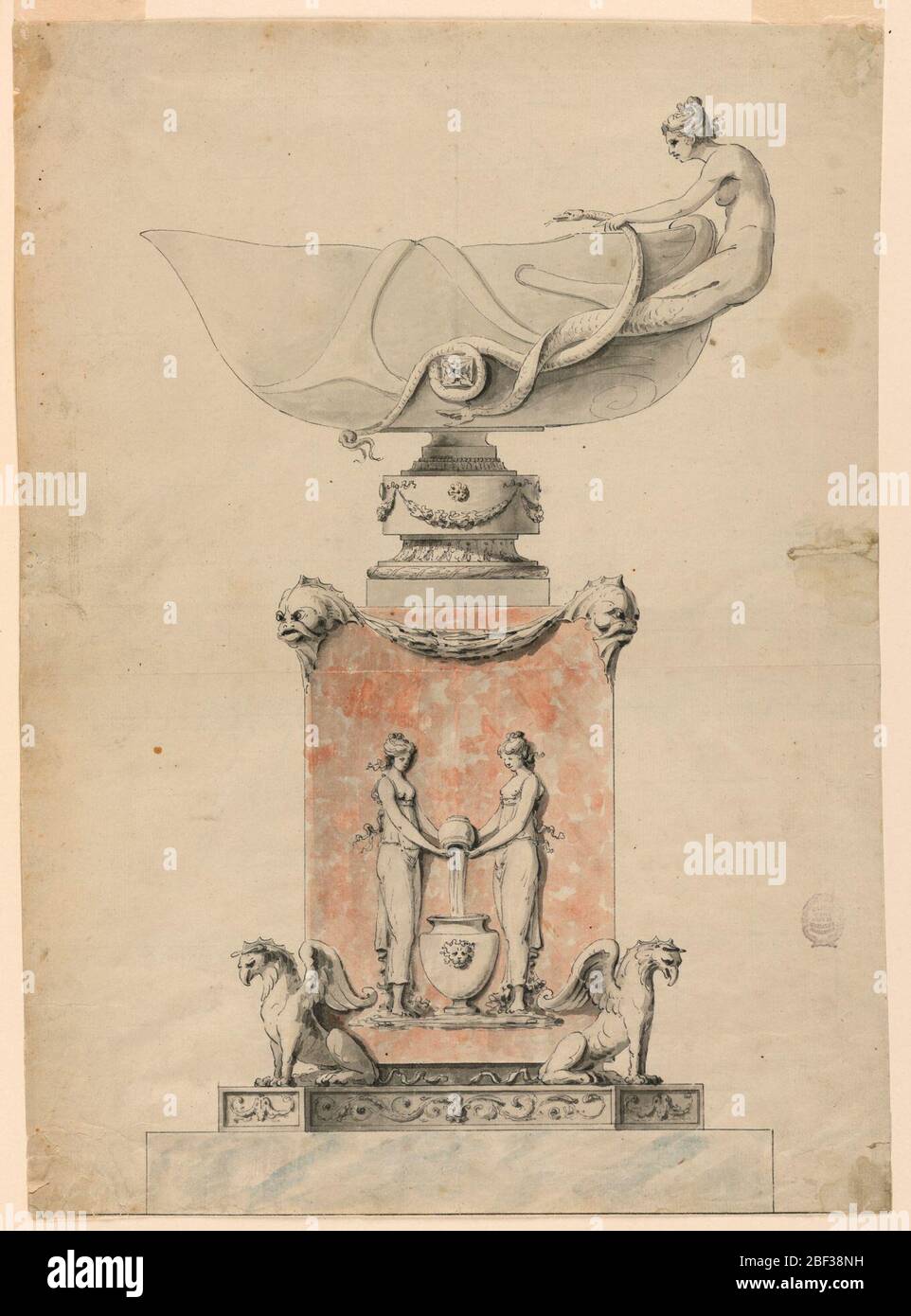 Design for a Pedestal and a Bowl Intended for Execution in White and Rose Marbles for Marie Antoinette at St Cloud. The pedestal stands upon a base. It is supported at the corners by obliquely disposed griffins. A relief at its front shows two girls pouring water from a jar into an urn. Dolphin masks support festoons above. The bowl has a foot. Stock Photo