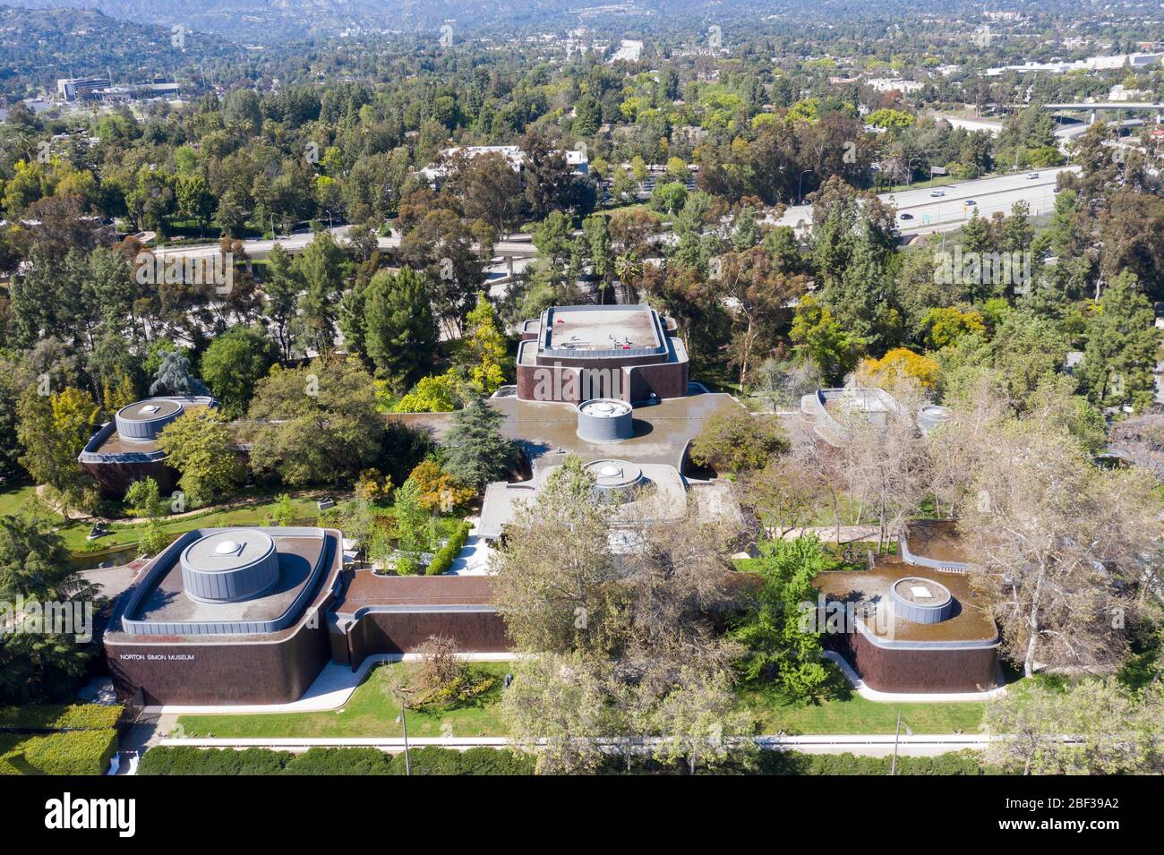 Aerial view above the Norton Simon Museum campus in Pasadena, California Stock Photo