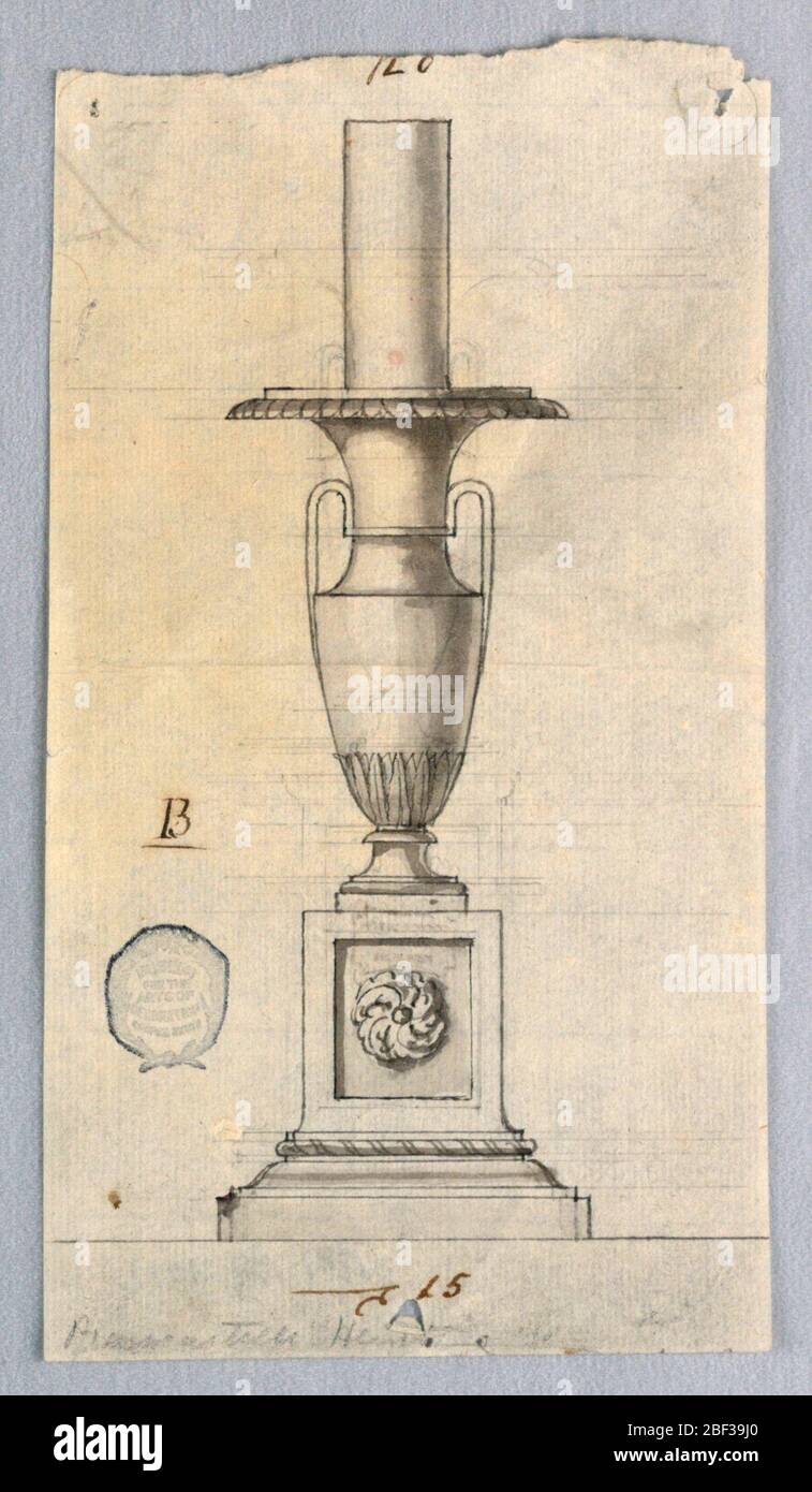 Flering Socket Elevation of a Candlestick. Vase form on a square block with a rosette ...
