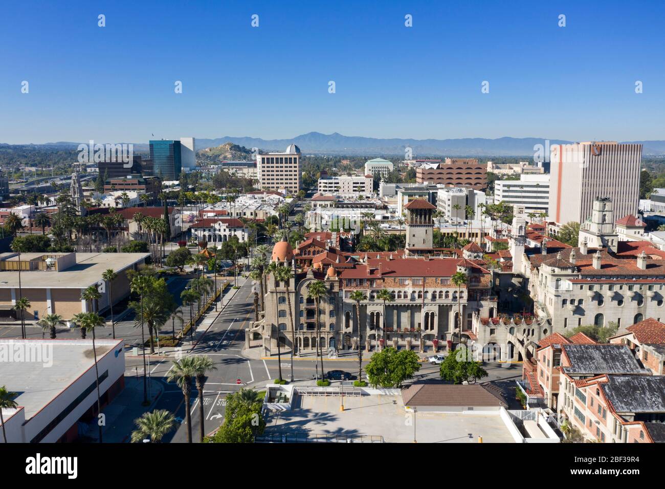 Aerial views of the Mission Inn hotel in downtown Riverside, California Stock Photo