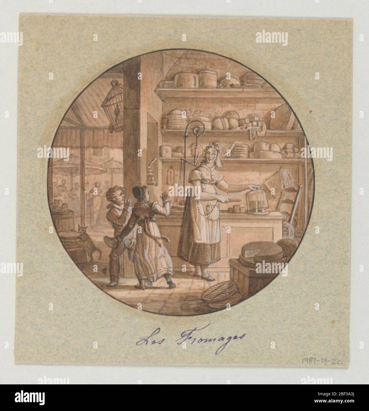Design for a Painted Porcelain Plate Les Fromages Cheeses for the Service des Objets de Dessert Dessert Service. Design for a painted porcelain plate, rondel. Scene in a cheese shop showing the figure of a proprietress, right, standing in front of a counter. Stock Photo
