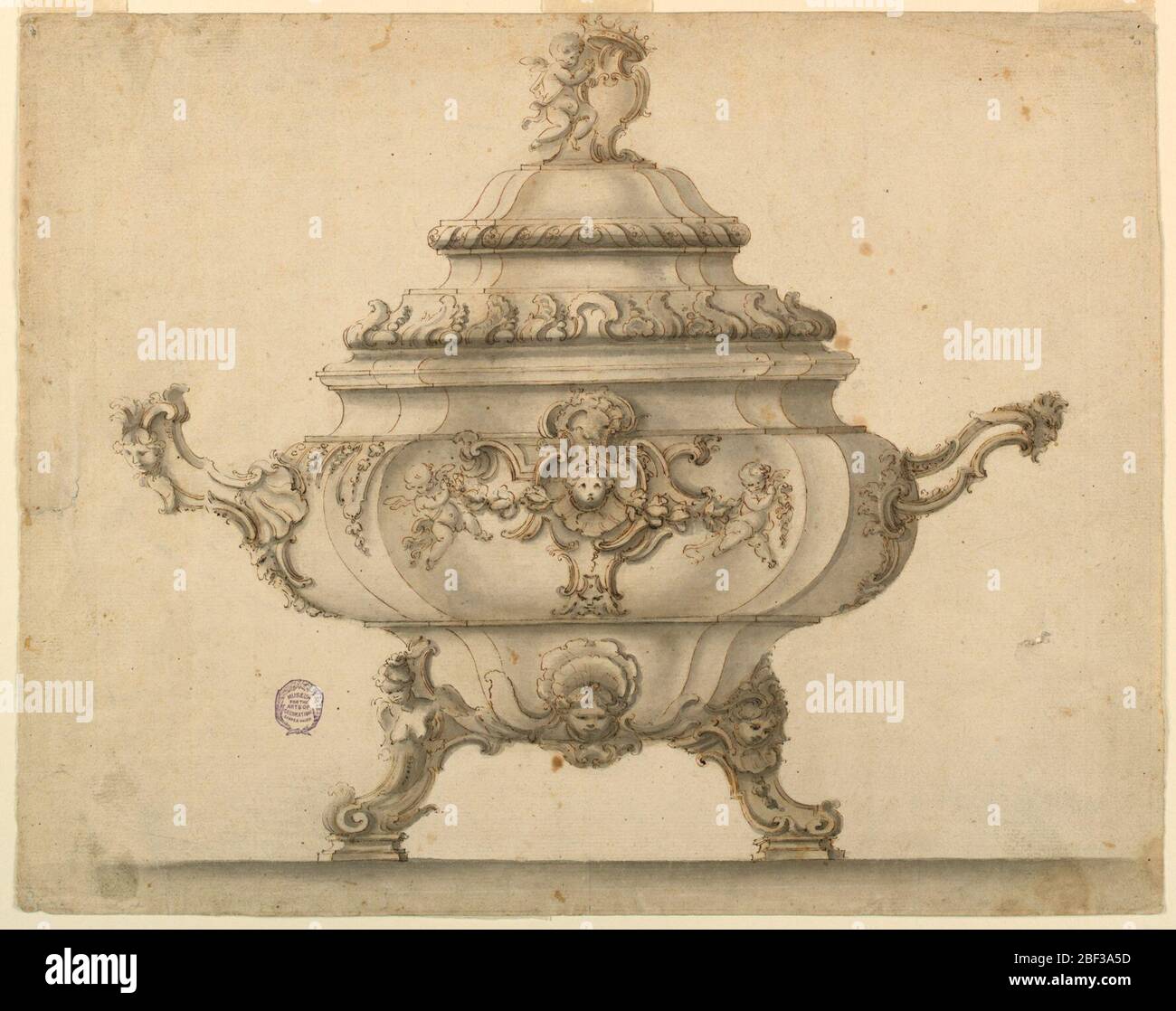 Tureen. Design for a tureen with alternative suggestions. On top of cover is a putto supporting an escutcheon with a crown. C-and S-curve decorations throughout. Scrolling feet and handles with masks. Right handle is pierced. Stock Photo