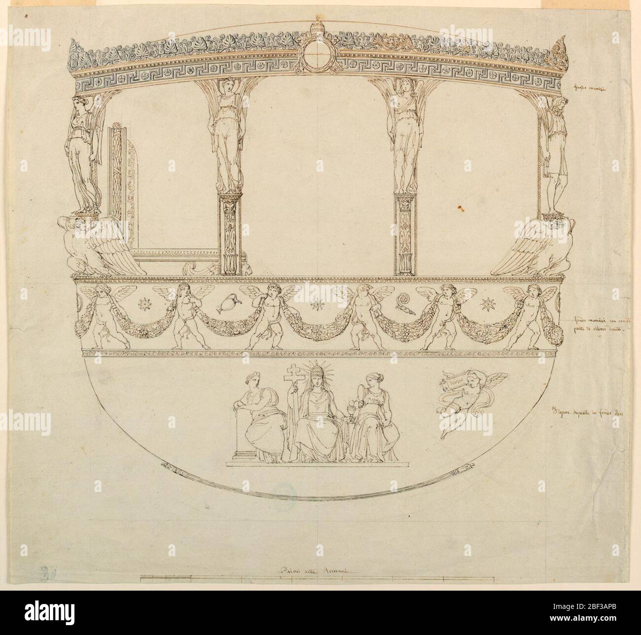 Design for Parts of a Coach. Vertical rectangle. Design for parts of a coach more probably of Pope Gregory XVI (1831-1846) than Pope Pius IX (1846-1878). Profile view of the side of the body opposite the entrance side. In the center of the frieze, papal escutcheon. Stock Photo