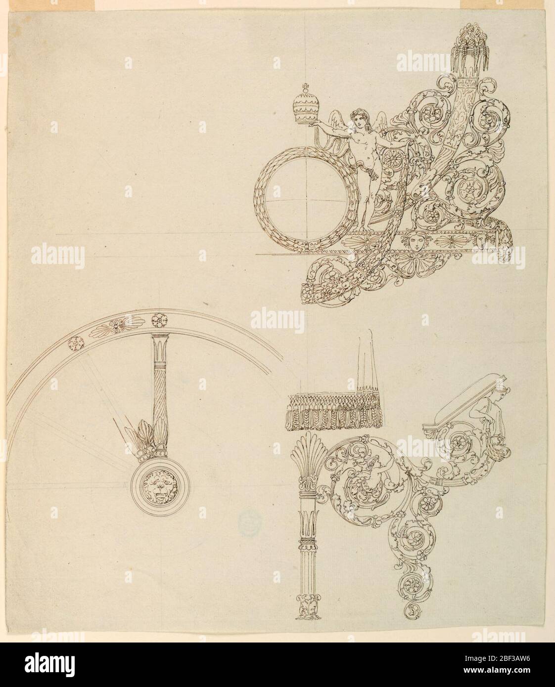 Designs for Parts of a Coach. Vertical rectangle. Design for parts of a coach more probably of Pope Gregory XVI (1831-1846) than Pope Pius IX (1846-1878). Above, the center and the right half of the cresting on the back. Stock Photo