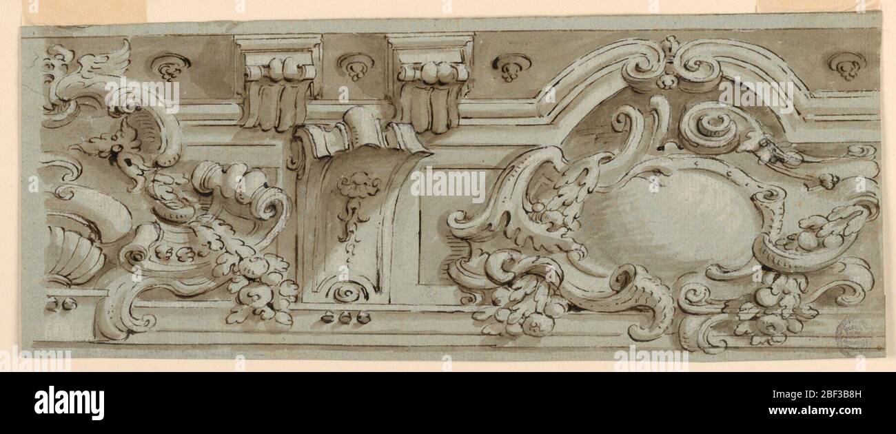 Design for a Ceiling Decoration. An imaginary frieze shown from beneath. The right half of a scrollwork escutcheon containing a vase is seperated by a bracket from another showing two alternative suggestions for its design. Stock Photo