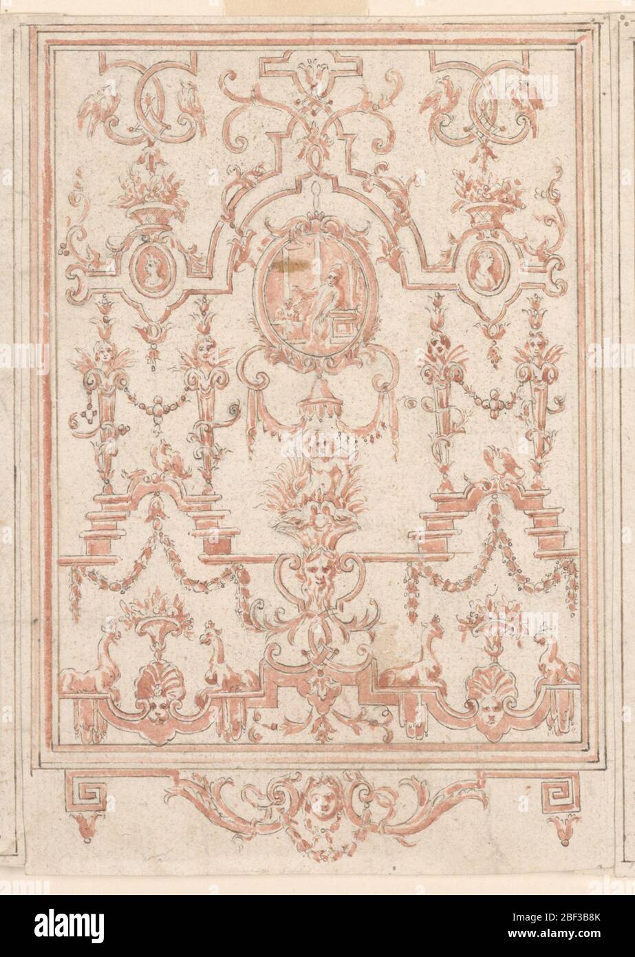 Design for Grotesque Panel. Design for panel with grotesques. At center, three medallions, the largest at center. Moulded oblong frame with a bottom ornament. Grotesques in the style of Bérain. Stock Photo