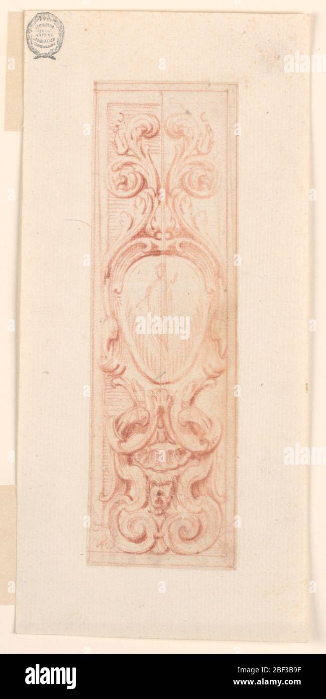 Design for Stucco Decorations of Panels. Vertical format design for stucco decorations of panels. An escutcheon with a standing female is topped by acanthus scrolls. It is supported by a kind of pedestal, composed of scrolls, a shell, a mask. Stock Photo