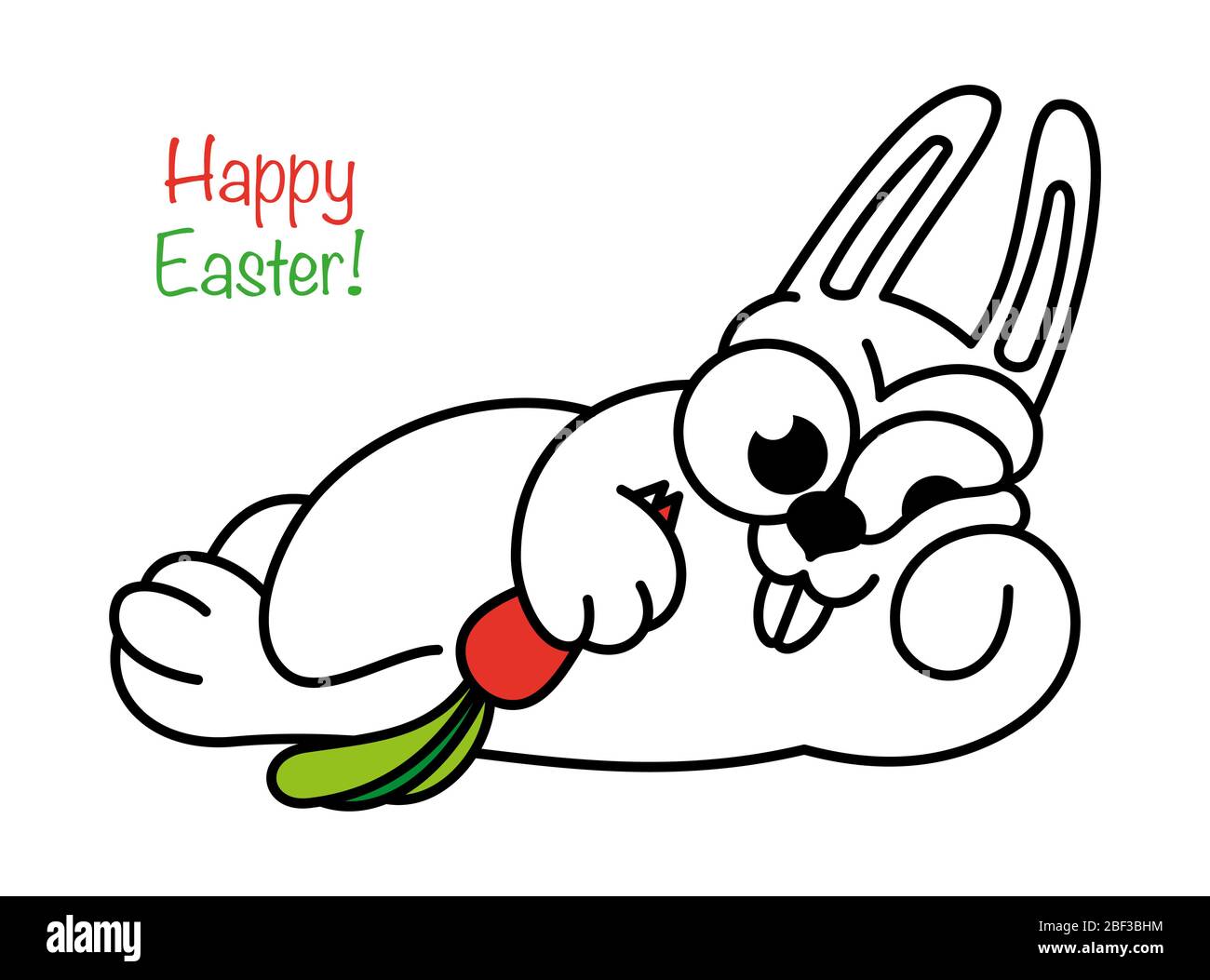 cartoon rabbit is lying and eating a carrot. Contour design of an easter bunny. Symbol for web sites on a white background. Isolated object Stock Vector