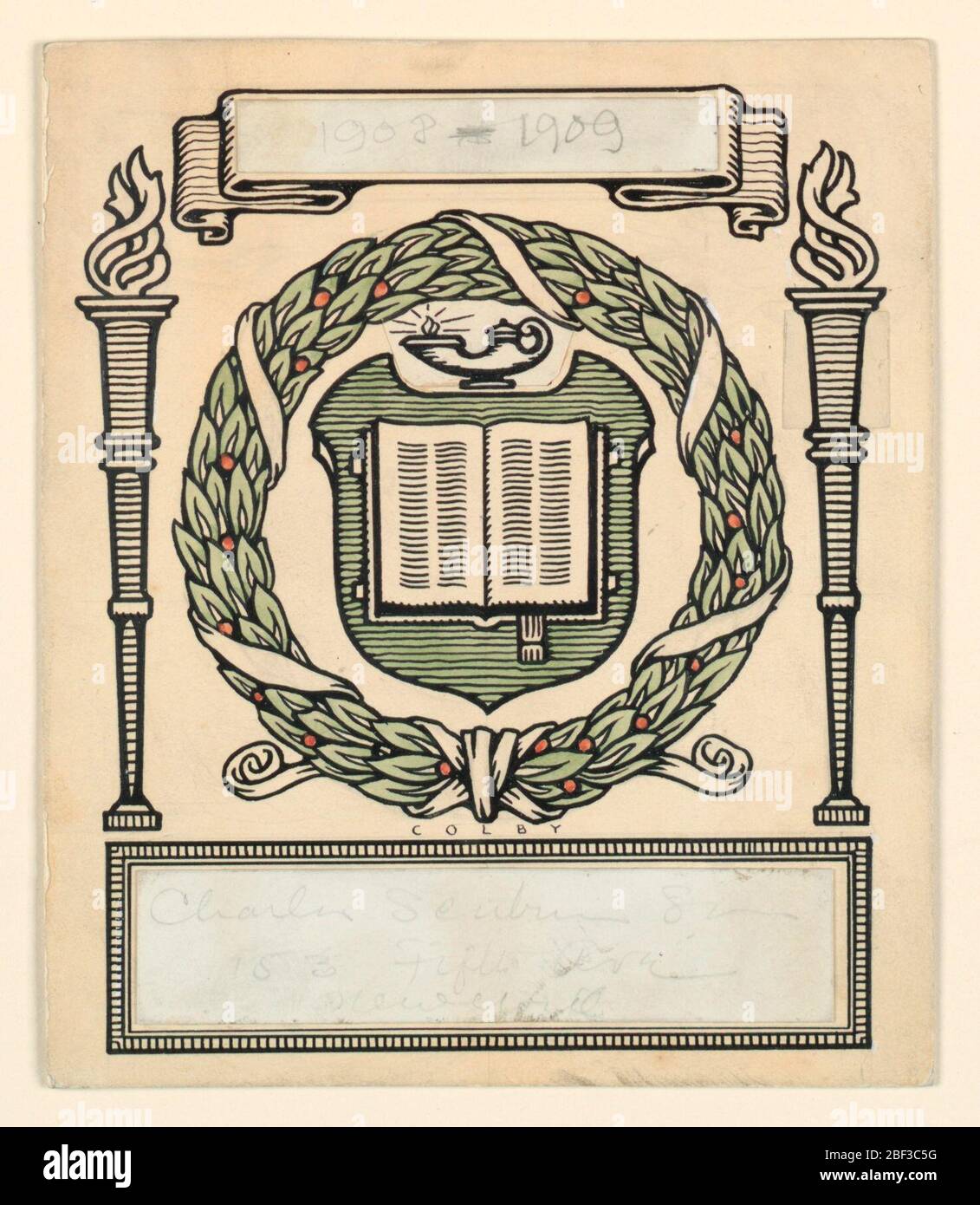Rod Scribner Service Ribbon Design for Scribners Insignia. Open book on shield, lamp above ...