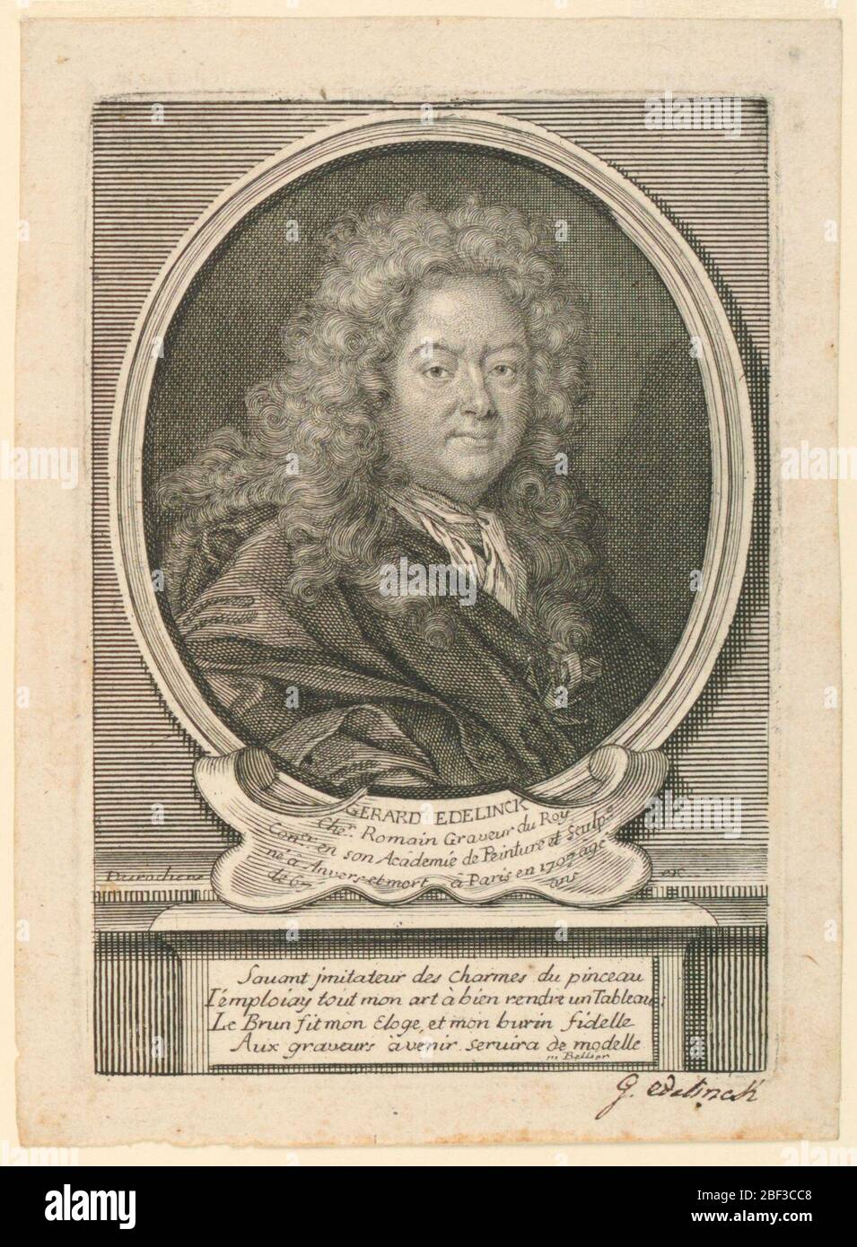 Portrait of Gerard Edelinck 16401707. Bust-length portrait in three-quarter view to right. The sitter is wearing a huge wig and loose robe. In an oval frame standing on a pedestal. The lower part of the frame has a label attached with inscription. Stock Photo