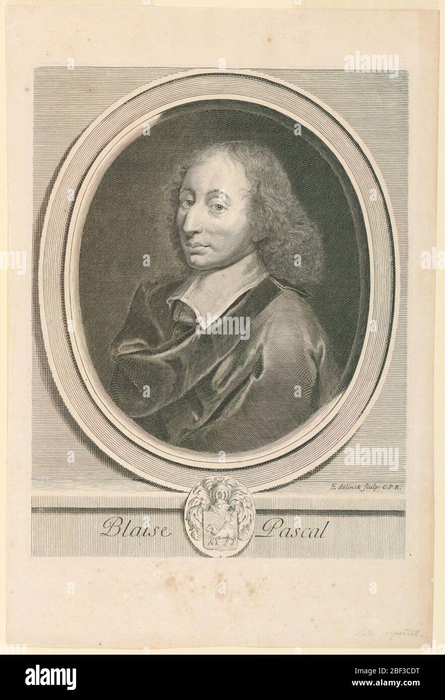 Portrait of Blaise Pascal 16231662. Bust length portrait in three-quarter view toward left. The sitter has his coat wrapped around him. In an oval frame with coat-of-arms in lower part. The frame stands on an inscribed moulding. Stock Photo