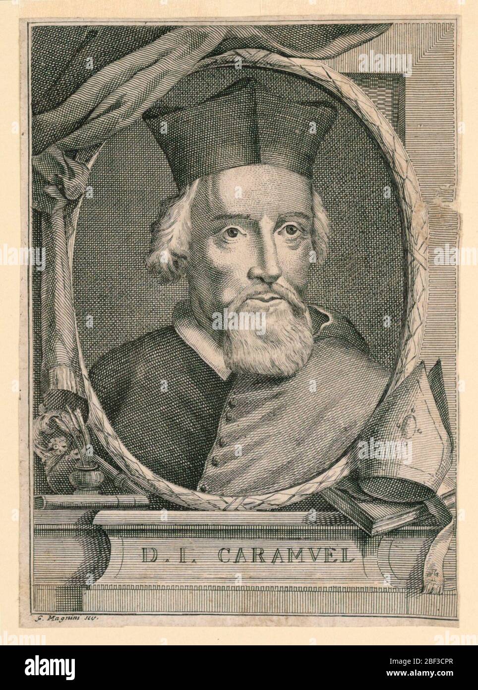 Portrait of Dr Juan Caramuel de Loblokowitz. Portrait bust in frontal view. The sitter, an old man, is wearing a cardinal's cap, a scholar's jacket and a coat over his left shoulder. The portrait is in an oval frame which rests on a pedestal. Stock Photo