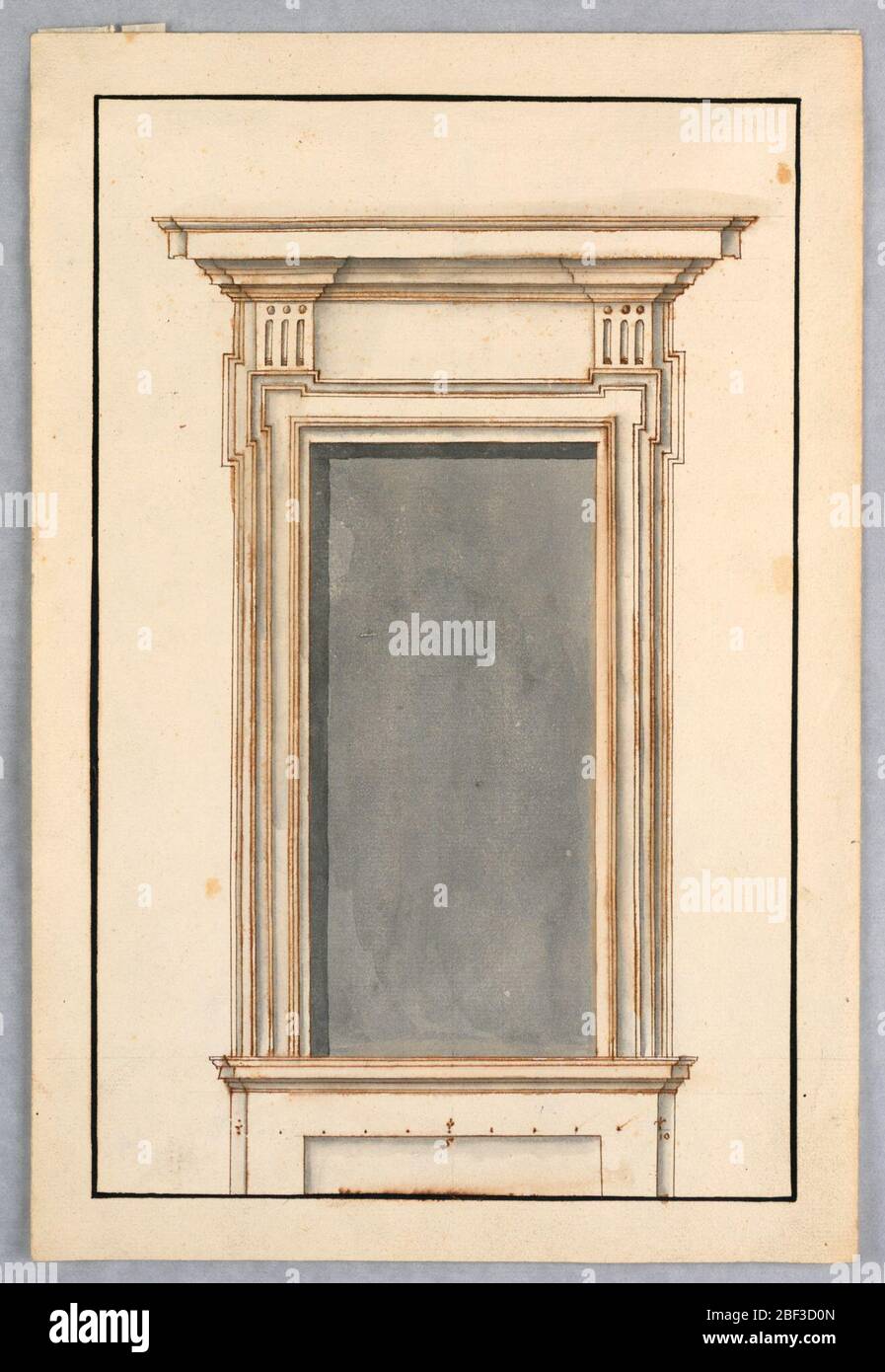 Project for a Window Case. Elevation of door frame with a straight entablature supported by two consoles with triglyphs. Below is a dado with scale. Stock Photo