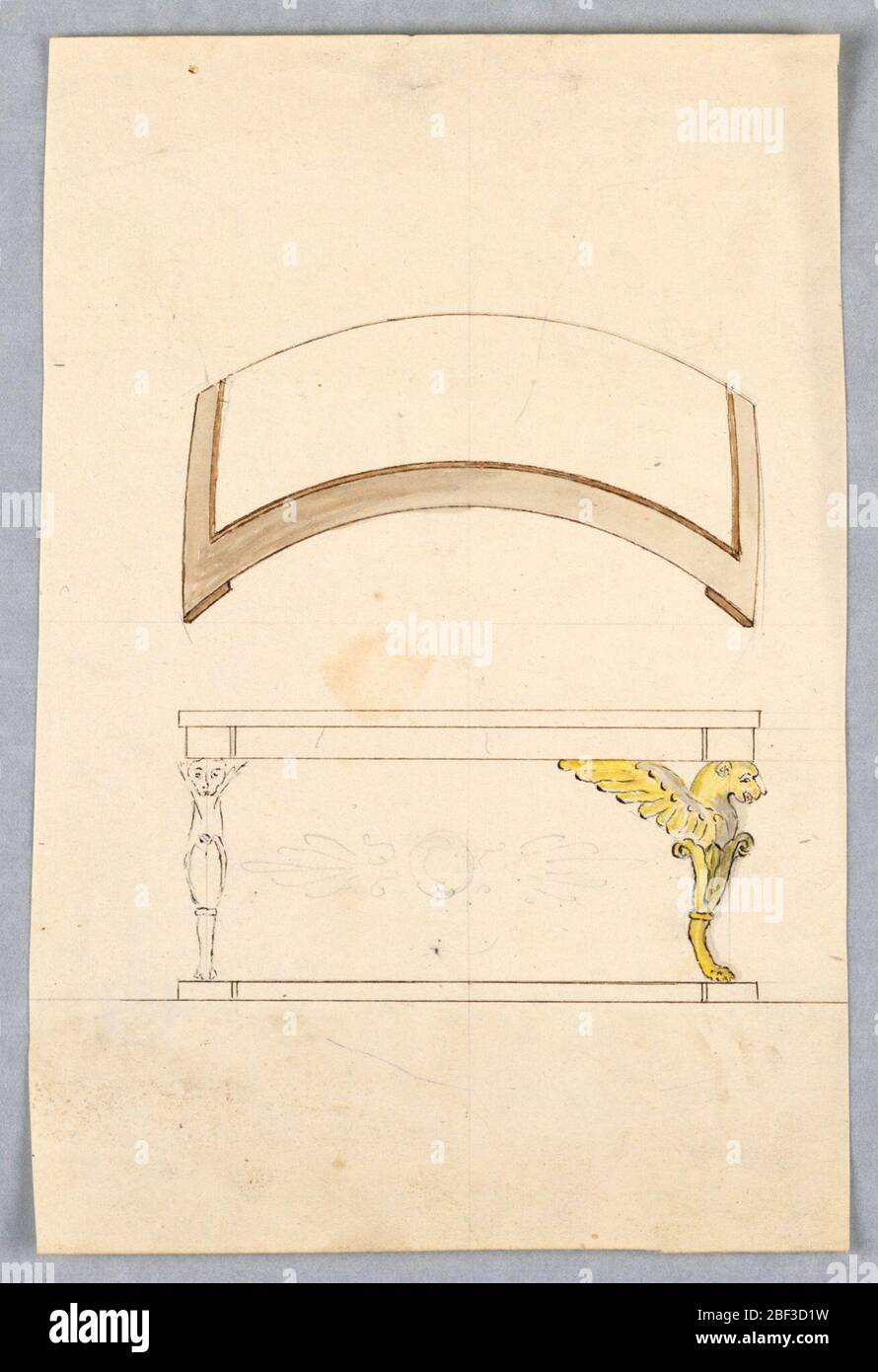 Design for a Console Table with Alternate Suggestions. Vertical rectangle. Above is the plan of the top, elevation of the table below. The top is convex, as is the main part of the plinth. The legs are chimaeral, shown from the front and standing straight; at left, standing obliquely at right. Stock Photo