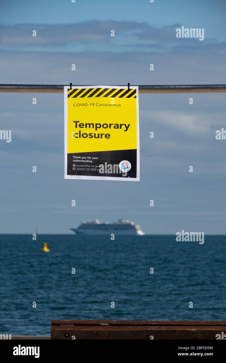 Covid pandemic crisis in Melbourne Australia 2020. Cruise ship anchored in Port Phillip Bay no longer permitted to dock as beaches are closed. Stock Photo