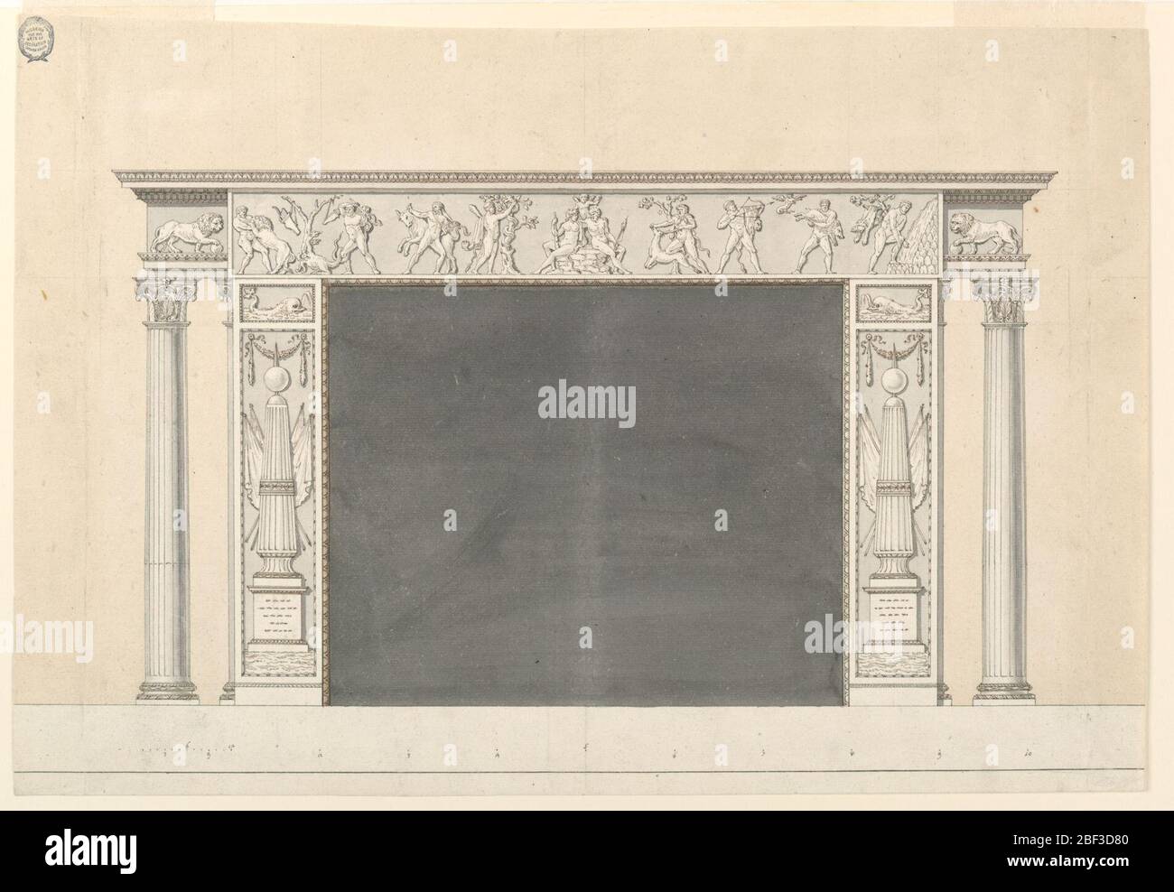 Design for the Elevation of a Mantelpiece. Horizontal format design for an elevation of a mantelpiece. The opening is framed by a narrow moulding and laterally by pilaster strips. Stock Photo