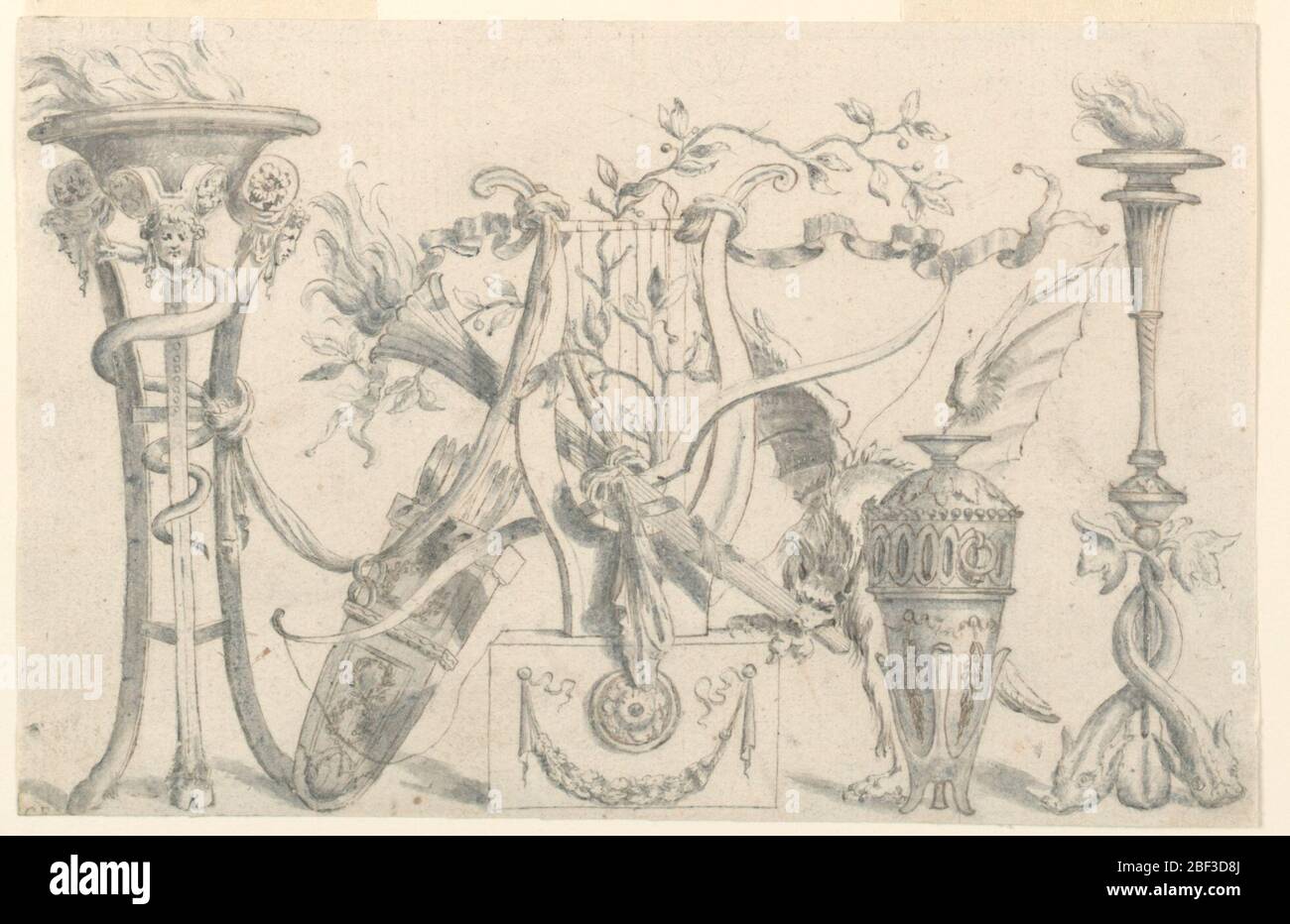 Design for a Decorative Motif. A trophy, composed of a lyre, bow, arrows, quiver, torch, olive branch, ribbon, urn and a fantastic winged beast is flanked by a tripod containing fire, left, and a burning candle-standard, right. Verso: sketch of a ground plan of a building. Stock Photo