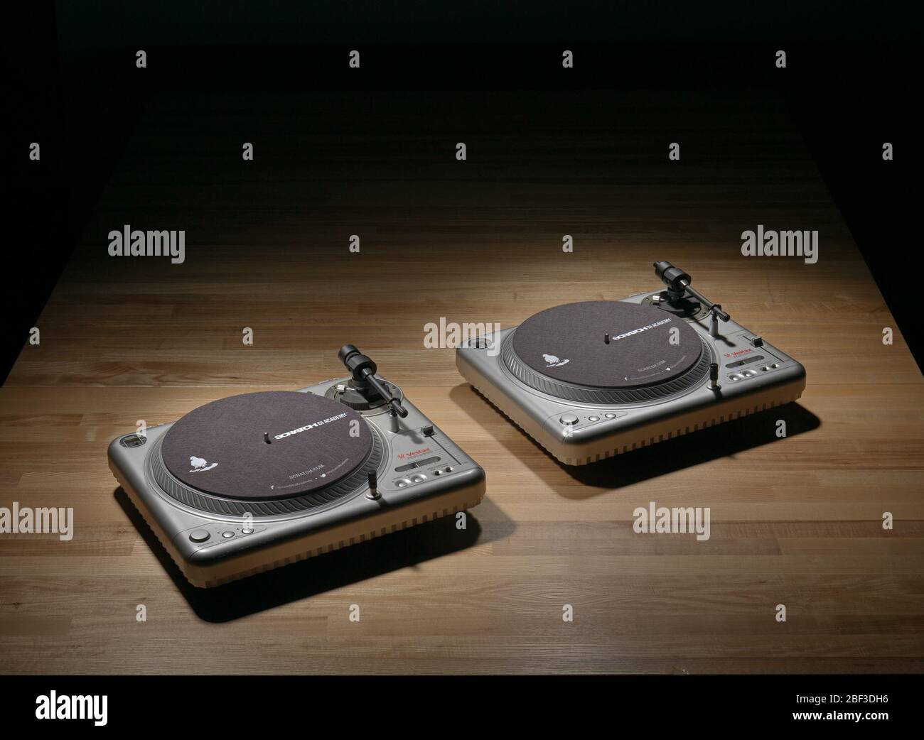 Turntable used by Grand Wizzard Theodore. Vestax PDX-2000 turntable made of plastic and metal.The body of the turntable is made of silver plastic. The top left corner of the turntable has a black and silver power button. Stock Photo